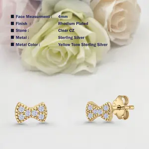 4mm Bow Stud Earrings Push Back CZ 925 Sterling Silver Women Round Earring