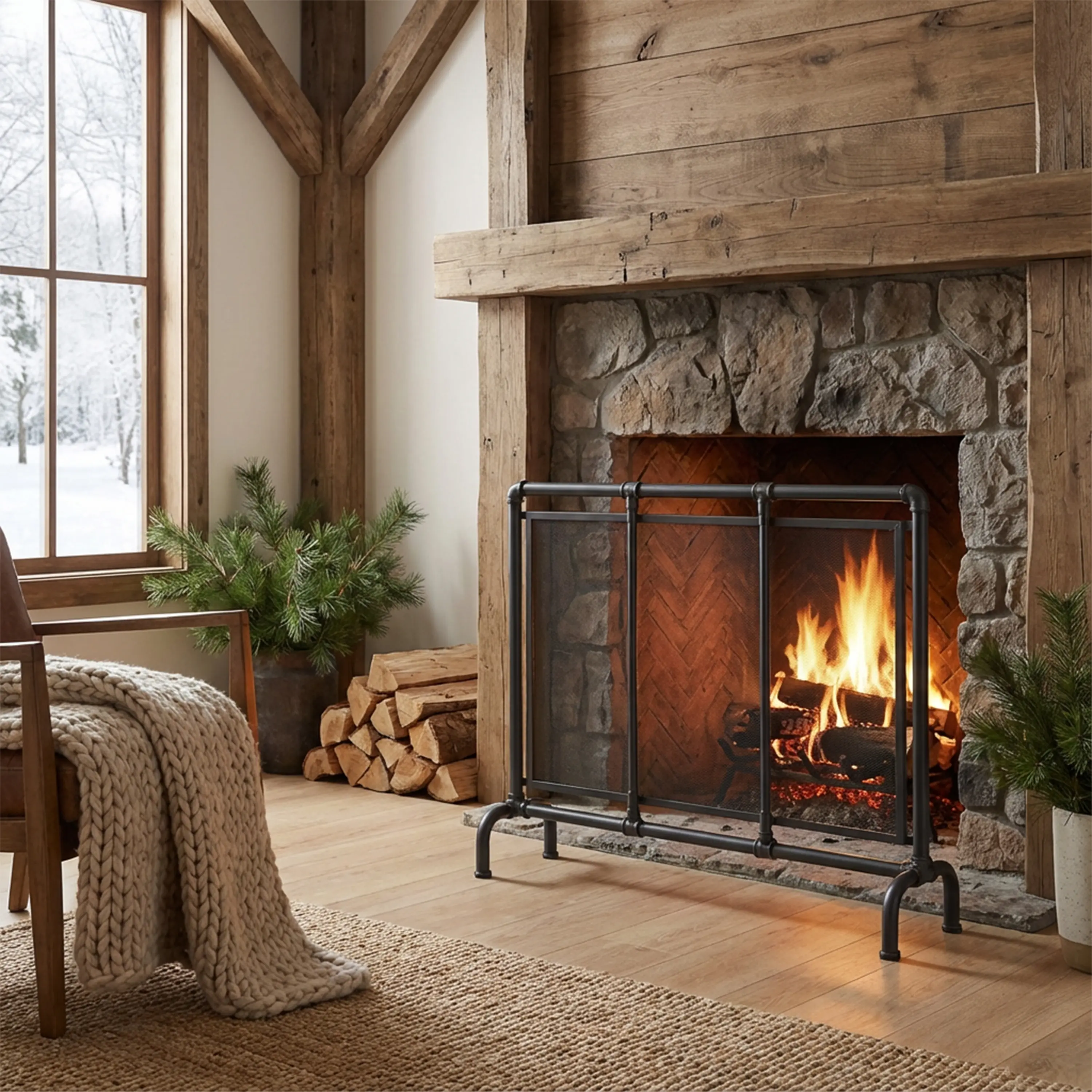 Black Iron Pipe Bend Rectangle Fireplace Screen (36x29", 36" W x 29" H, 1 Panel) - Corrosion-Resistant, Durable, Minimalist Industrial-Modern Metal Decor for Urban Lofts with Piping Systems, Industrial Piping Systems