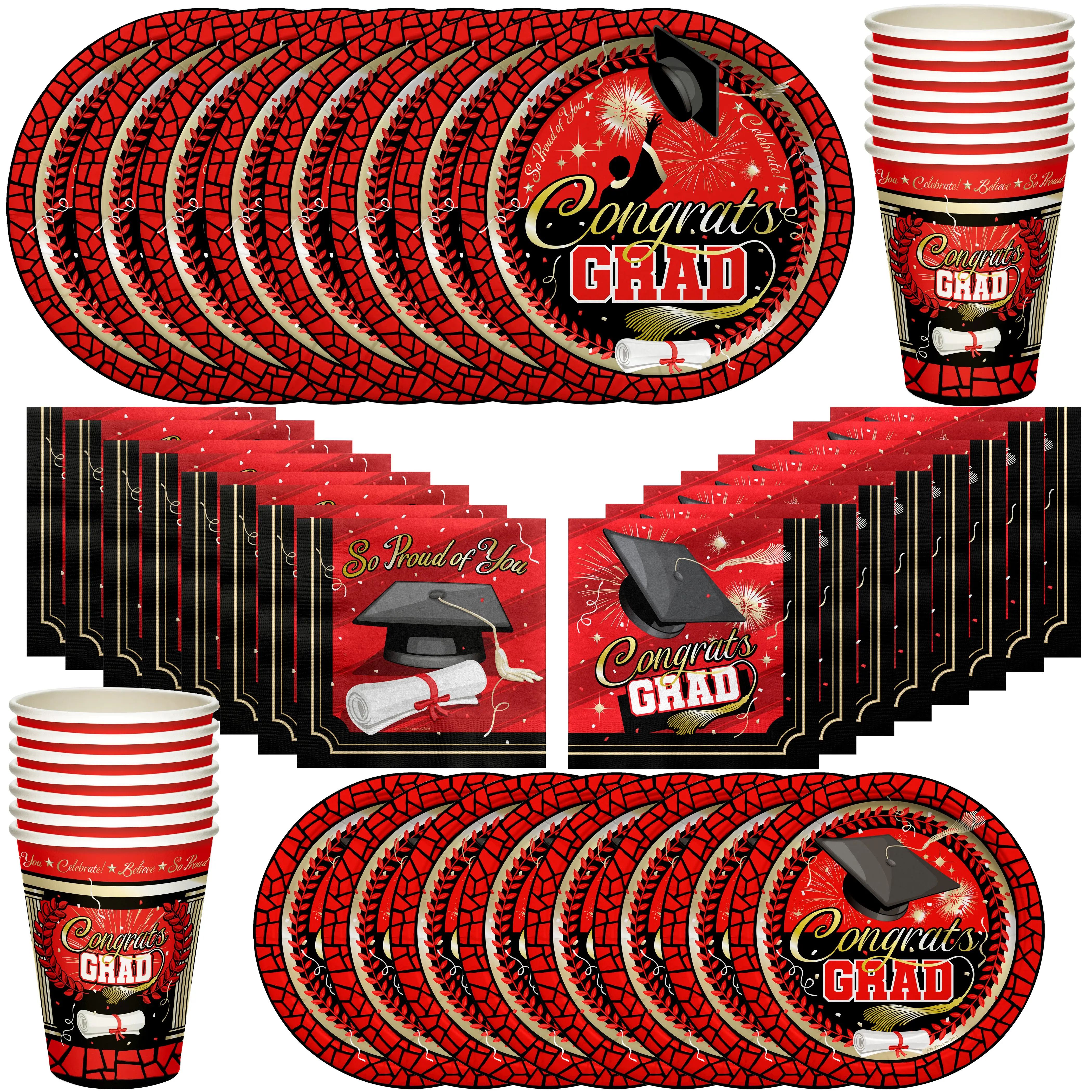 Red Graduation Party Tableware Classic Set for 16 Guests