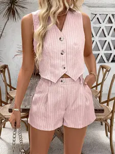 Women's Summer Plaid Single-Breasted Vest And Pleated Shorts Casual Commute Two-Piece Set