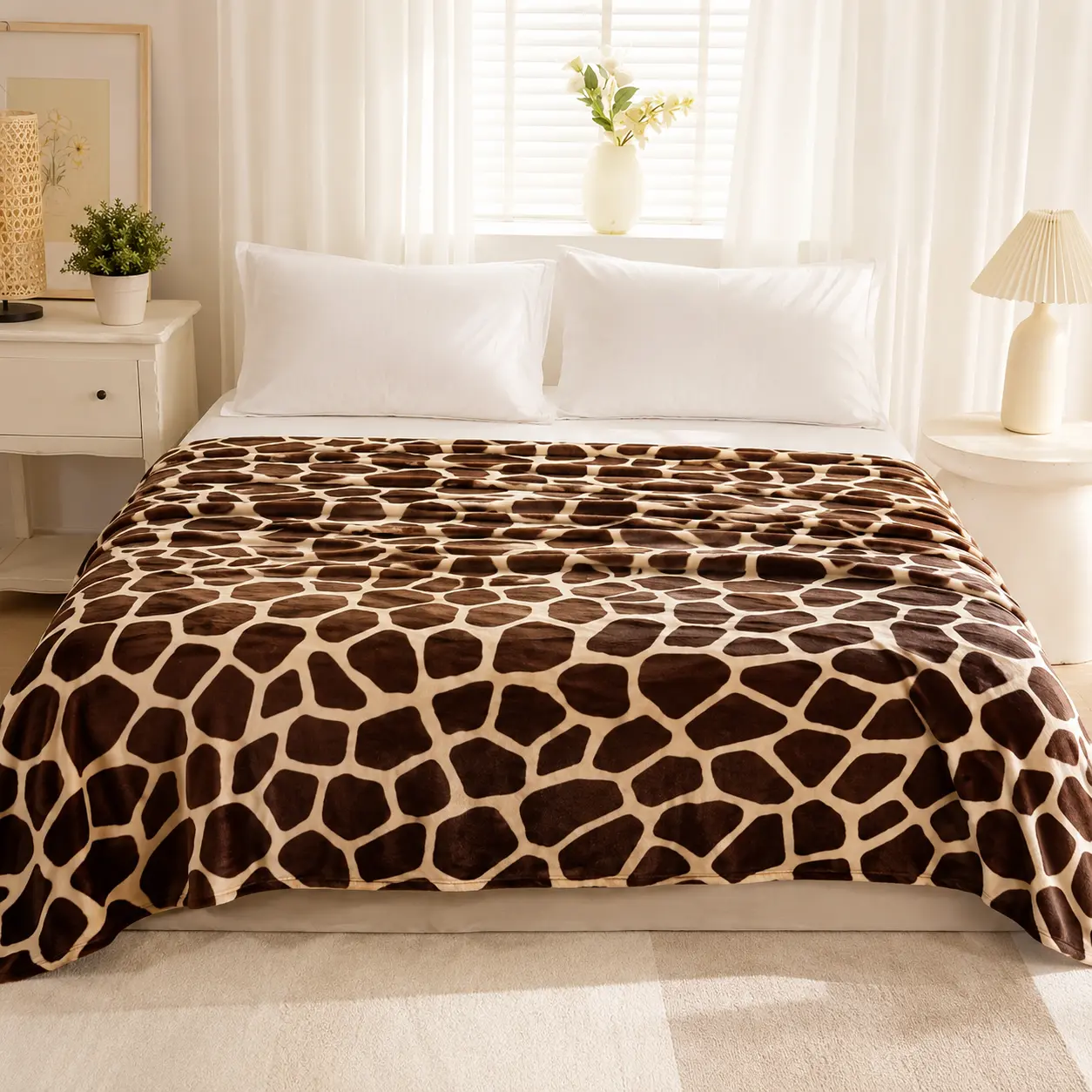 Giraffe Print Flannel Throw Blanket, Super Soft Lightweight Brown Animal Pattern Fleece Blanket for Adults & Kids, Cozy Warm Throw for Bed Couch Chair Relaxing Gift