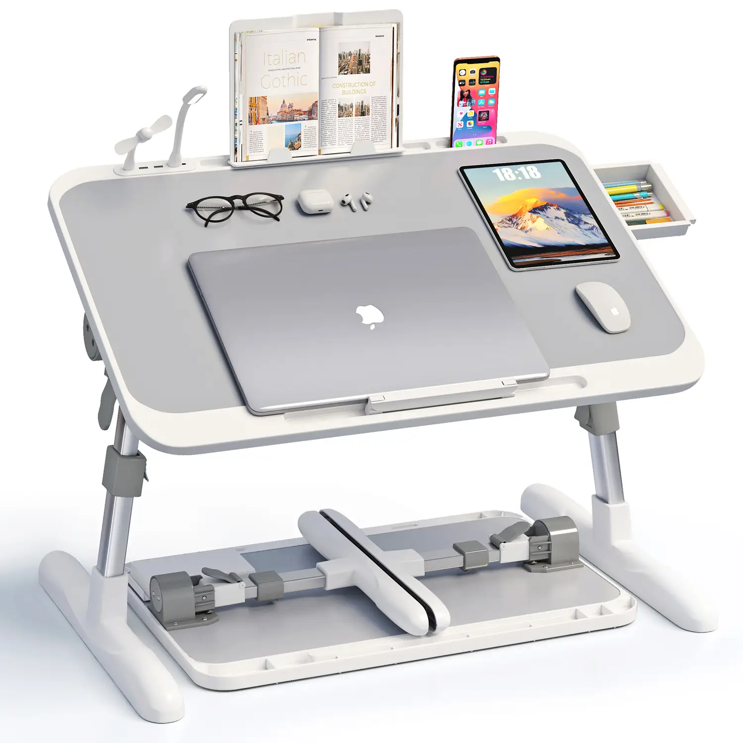 UNICOO Height Adjustable Laptop Table with Foldable Legs, Book Stand & Accessories | Portable Laptop Stand for Desk, Bed & Couch | Lap Desk with Phone