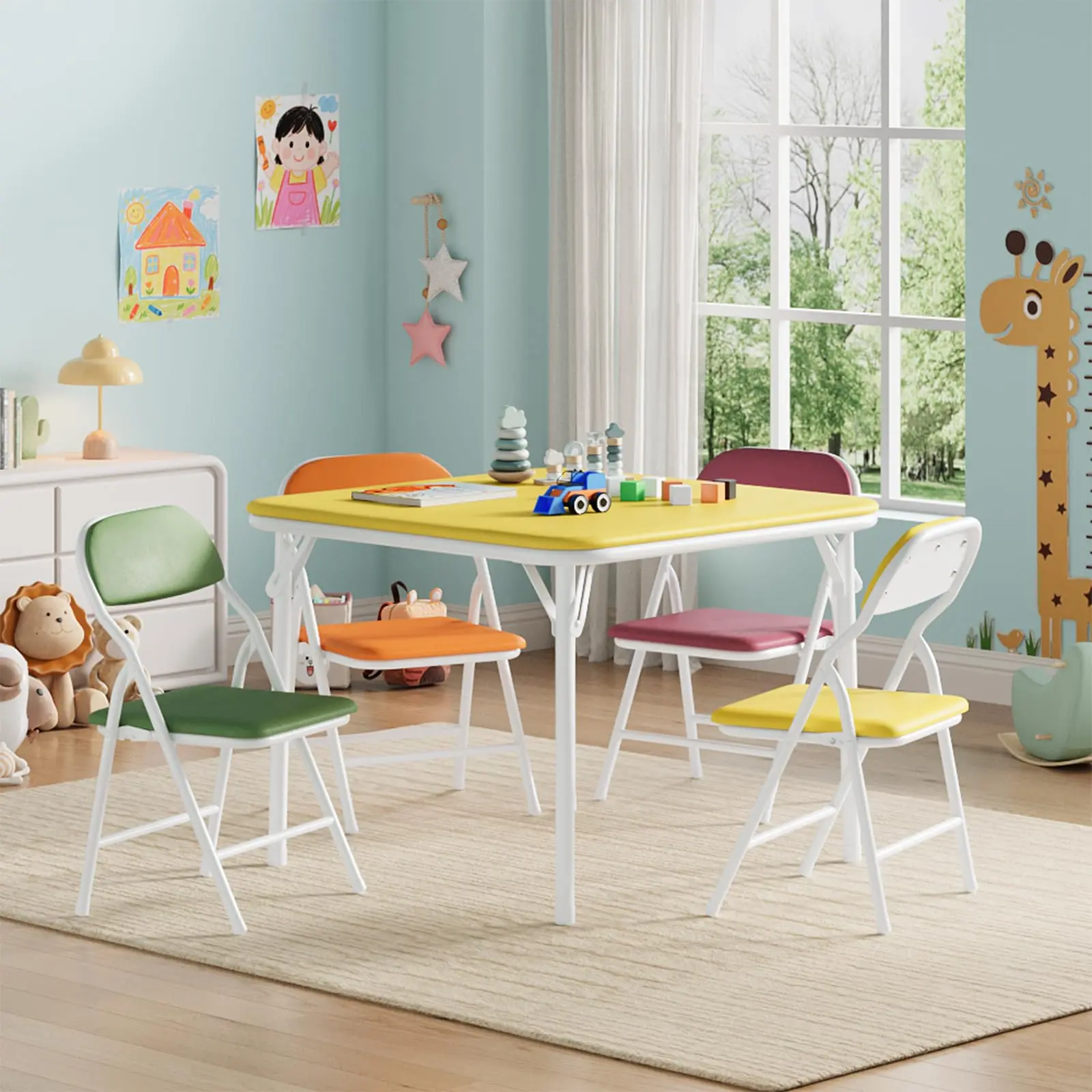 5 Piece Boys Girls Folding Table and Chairs Set, Activity Table and Chairs Set for Dining Room,Daycare,Classrooms, Multicolored