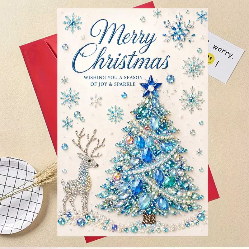 2D Flat 1pc Exquisite and Dazzling Christmas Tree and Reindeer Greeting Card, Featuring a Design Inlaid with Sparkling Blue Gemstones, Printed with "Merry Christmas" and a Blessing Message, Suitable for Giving