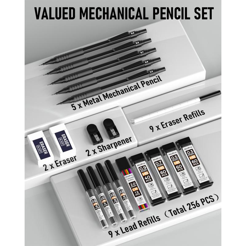 Nicpro 5 Pack Black Art Mechanical Pencil Set, Metal Drafting Pencils 0.3, 0.5, 0.7, 0.9, 2mm Graphite Lead Holder (4B 2B HB 2H Colored) For Writing Sketching Drawing With 9 Lead Refills Eraser Case