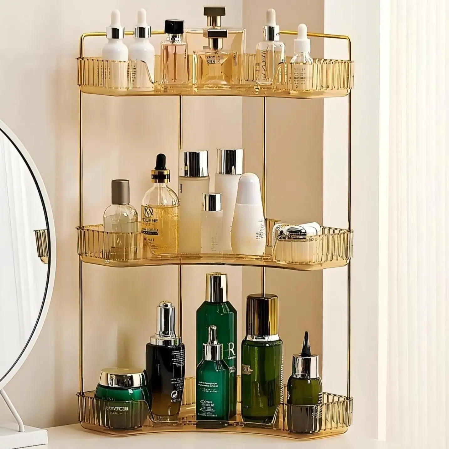 2-Tier & 3-Tier Corner Countertop Organizer, Clear Gold Bathroom Vanity Storage Rack for Skincare, Perfume, Cosmetics and Toiletries, Space-Saving Multi-Level Shelf for Bedroom, Kitchen, Dresser and Bathroom Counter