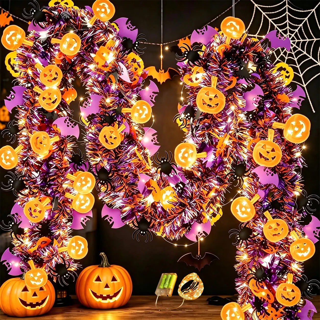 Halloween Tinsel Garland Decor Set, 2 Pack 6.56FT Pumpkin Spider Purple Orange Metallic Streamers with 13.12FT Warm White LED Fairy Lights, Indoor Outdoor Porch Mantel Classroom Party Halloween Decorations