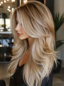 Long Ombre Blonde Layered Wig with Bangs - 22 Inch Blonde Ombre Layered Wig with Dark Roots - Natural Looking Soft Straight Synthetic Material Wigs Layers Haircut Fringe, Volume Wig for Women Daily/Party/Holiday/Christmas