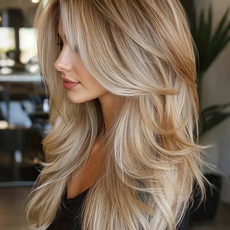 Long Ombre Blonde Layered Wig with Bangs - 22 Inch Blonde Ombre Layered Wig with Dark Roots - Natural Looking Soft Straight Synthetic Material Wigs Layers Haircut Fringe, Volume Wig for Women Daily/Party/Holiday/Christmas High Quality Wigs