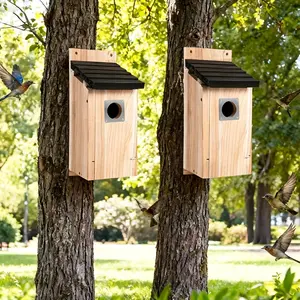 2pc Cedar Birdhouses Designed for Outdoor Use, Featuring A 1-1/2 Inch Entrance Hole, Wooden Construction with A Metal Guard, Secure Latch, Fledgling Grooves, And Air Vents Suitable for Bluebirds, Wrens, And Swallows