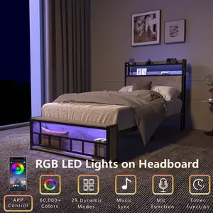 Twin Size Bed Frames with Storage Headboard and Charging Station, Metal Twin Platform Bed with LED Light, Twin Storage Bed Frame for Bedroom, Solid and Stable, Noise Free, No Box Spring Needed, Easy Assembly, Black+ Gray