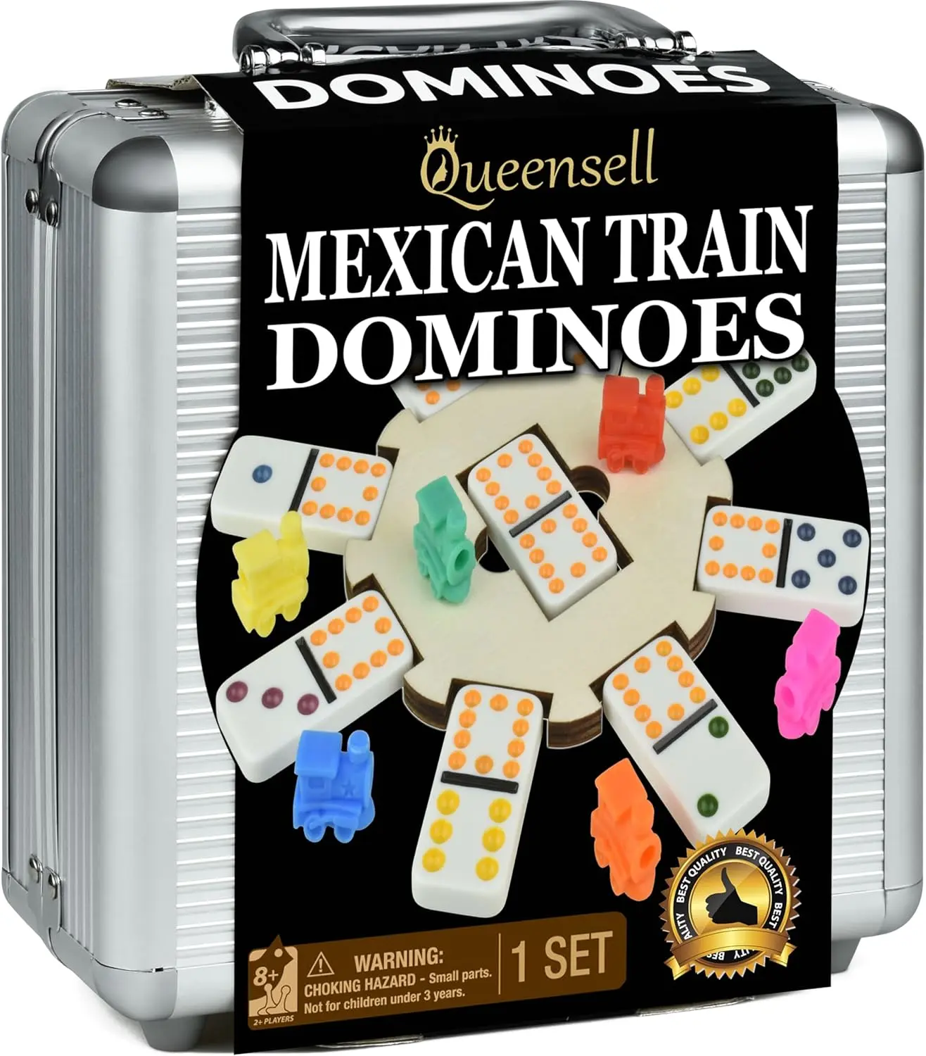 Queensell Mexican Train Domino Game Set - 91 Double Tiles, 9 Plastic Trains, Wood Hub, Family Game, Board Games, Durable, Reusable Case, 2-9 Players, Perfect Gift