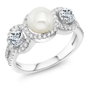 Gem Stone King 1.46 Ct Round Cultured Freshwater Pearl White Topaz 925 Sterling Silver Ring
