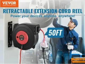 TIKTOK's #1 SHOP, presents the - VEVOR Retractable Extension Cord Reel, 50 FT, Heavy Duty 14AWG/3C SJTOW Extension Power Cord with Lighted Triple Tap Outlet, 13A Circuit Breaker 180 °   Swivel Bracket for Ceiling or Wall Mount, Red