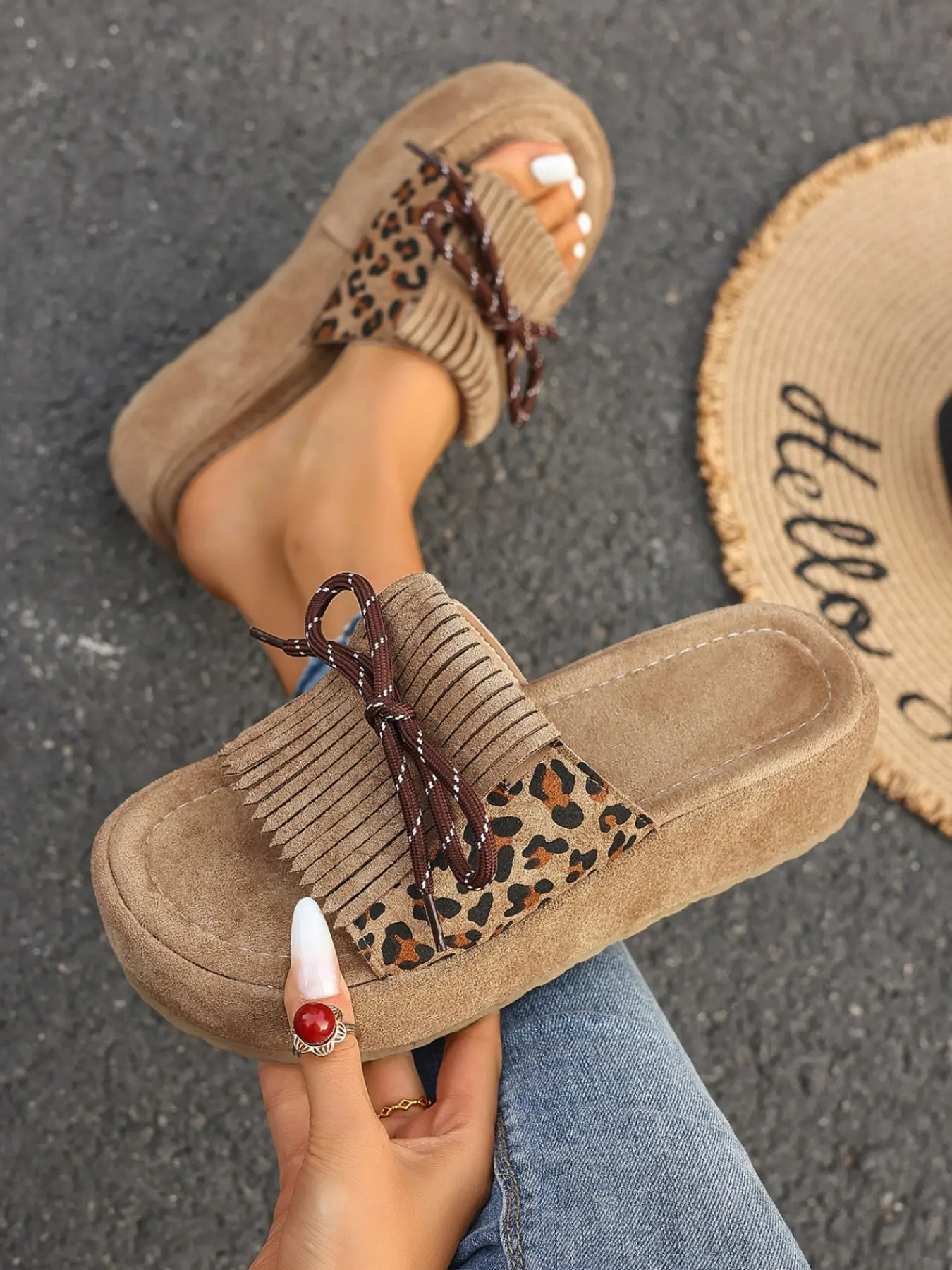 Women's Leopard Print Fringe Thick Sole Boho Sandals, Outdoor Wear Platform Slippers, Vintage Casual Design Shoes, Comfortable Summer Footwear