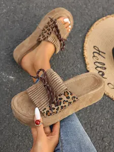 Women's Leopard Print Fringe Thick Sole Sandals, Outdoor Wear Platform Slippers, Vintage Casual Shoes, Comfortable Summer Footwear