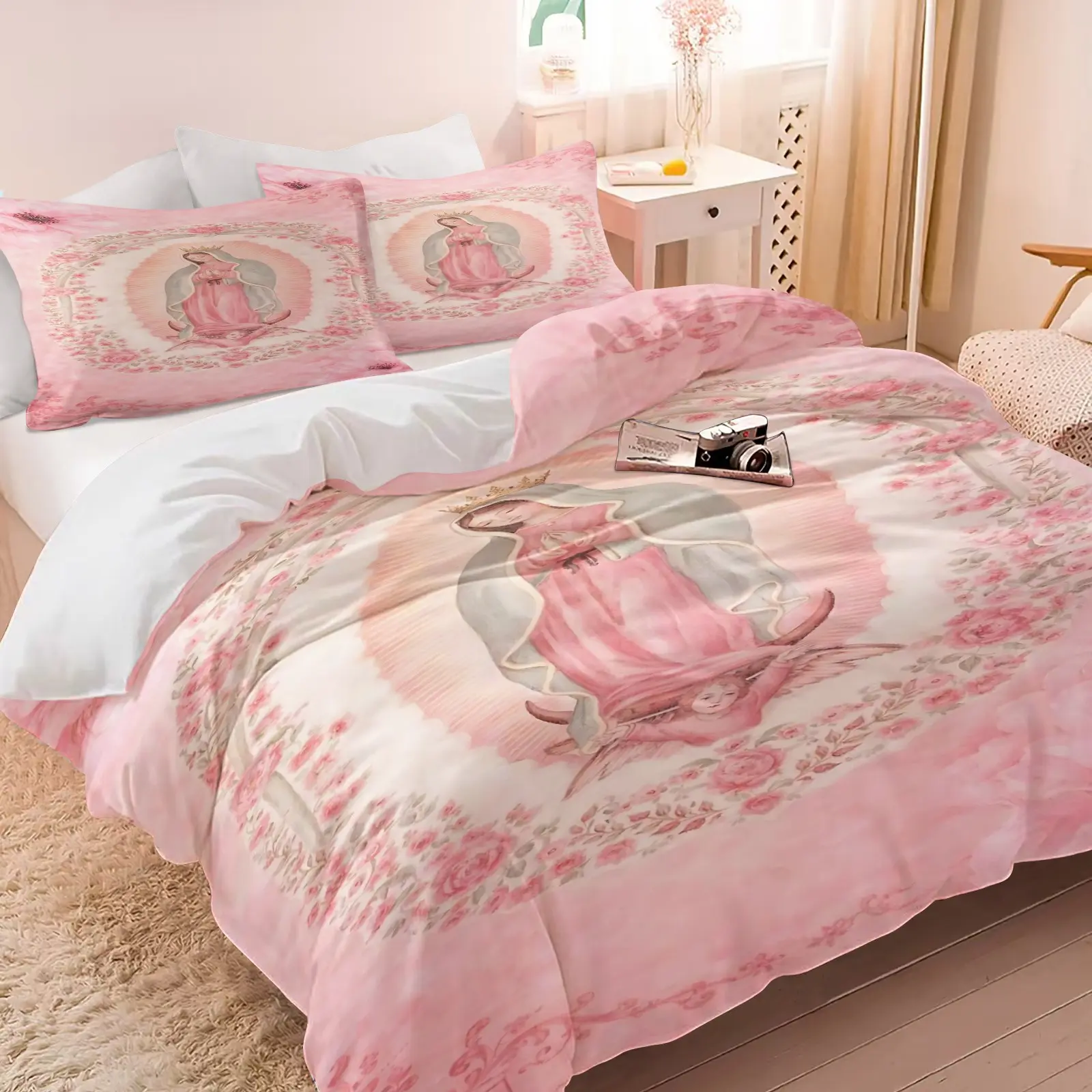 2/3pcs Our Lady of Guadalupe Pink Rose Decorative Duvet Cover Set, Religious Virgin Mary Comforter Cover, Soft Microfiber Bedding Set (No Filler), Religious Theme, Catholic Decor Bed Set for Christian Bedroom Bed Sets Supplies