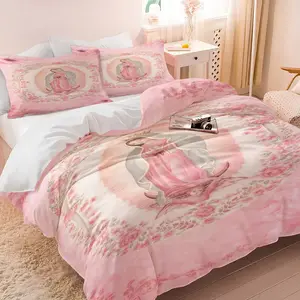 2/3pcs Our Lady of Guadalupe Pink Rose Duvet Cover Set, Religious Virgin Mary Comforter Cover, Soft Microfiber Bedding Set (No Filler), Religious Theme, Catholic Decor Bed Set for Christian Bedroom
