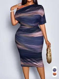 Women's Elegant Tie-Dye Gradient Bodycon Dress, Asymmetrical Neckline High Waist Split Back Long Party Dress, Plus Size Fashion