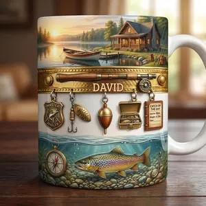 Personalized Bass Fishing Mug 2D Printed 3D Effect Fisherman Coffee Cup, Custom Name Rustic Lake House Gift for Dad Grandpa, Durable Ceramic Mug for Angler Outdoor Enthusiast, Father’s Day Birthday Appreciation Gift Idea for Him
