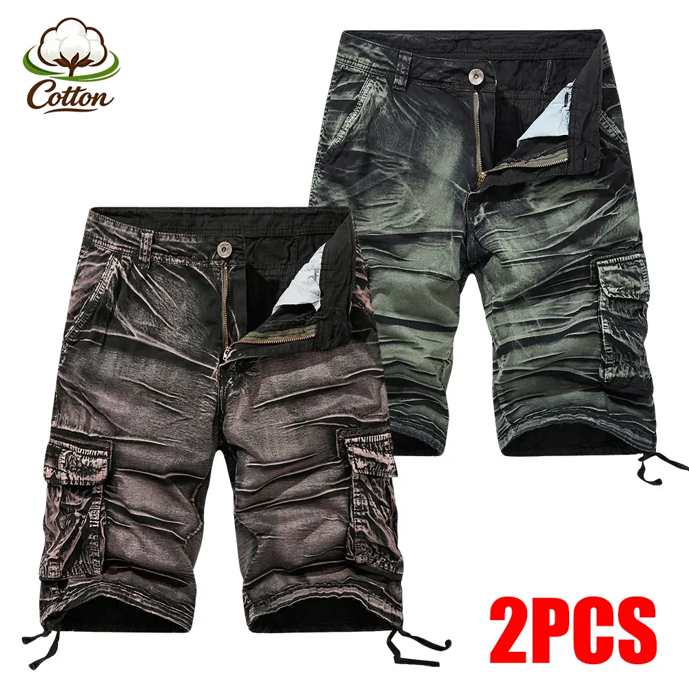2-PCS Men's Distressed Cargo Shorts with Multi Pockets, Drawstring Hem Utility Shorts for Outdoor Work Hiking, Vintage Style Casual Summer Shorts for Daily Wear
