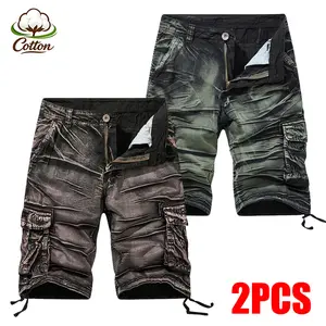 2-PCS Men's Distressed Cargo Shorts with Multi Pockets, Drawstring Hem Utility Shorts for Outdoor Work Hiking, Vintage Style Casual Summer Shorts for Daily Wear