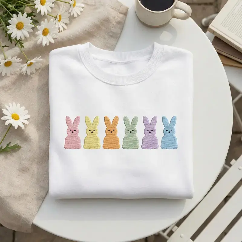 Colorful Bunny Peeps Embroidered Sweatshirt, Happy Easter Bunny Shirt For Women, Cute Easter Gift For Friends And Family, Colorful Spring Holiday Easter Outfit Crewneck