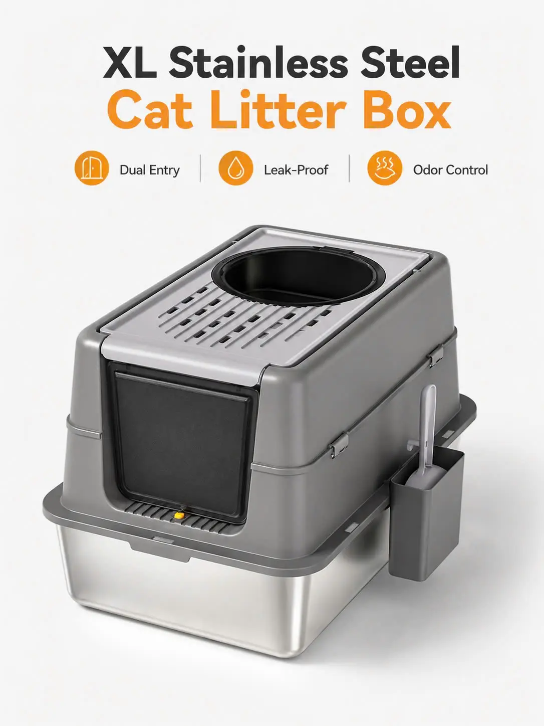 Extra Large Stainless Steel Cat Litter Box, Enclosed Dual Front & Top Entry Kitty Litter Pan with 180° Turn Over Top, Odor Control, Leak-Proof Design & Scoop for Large Cats, 60x40x38.5cm