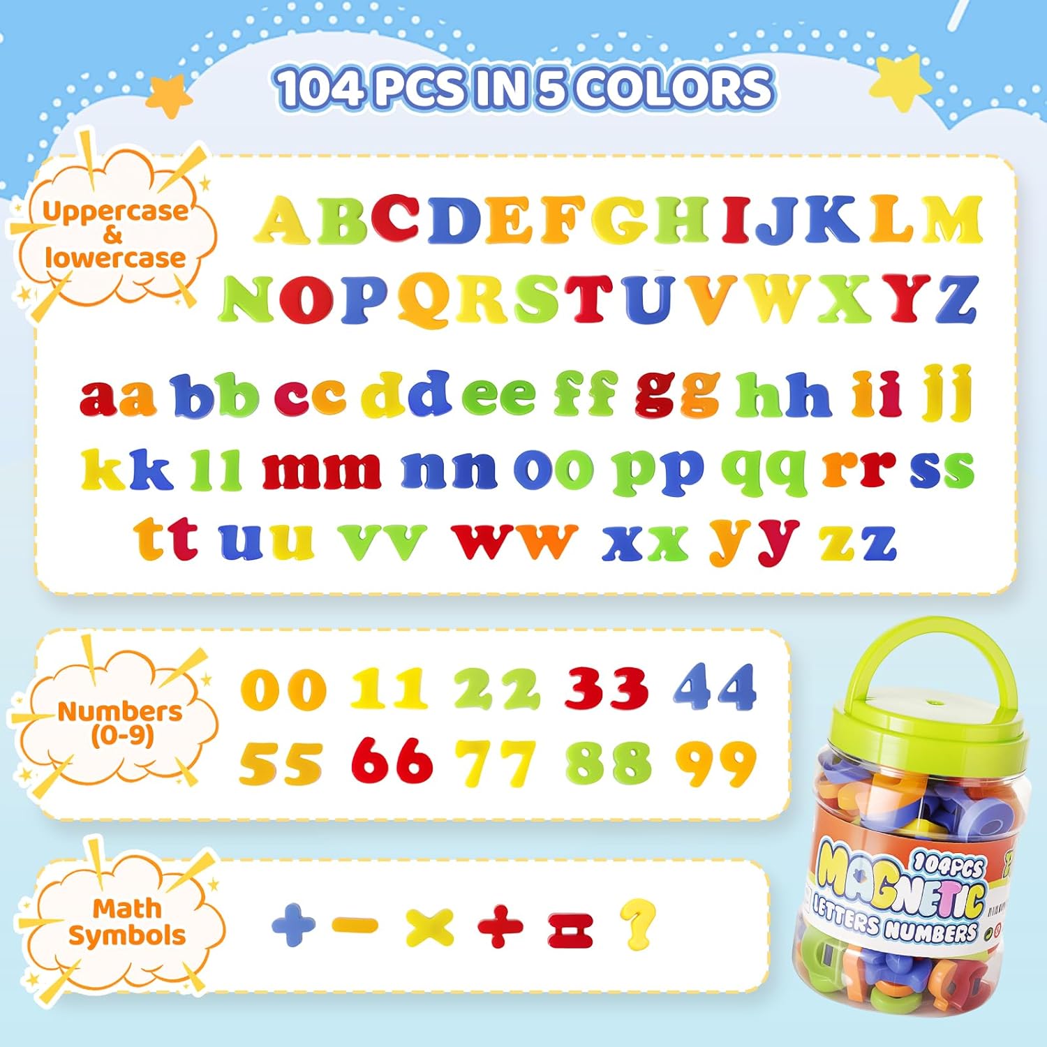 104 PCS Magnetic Letters and Numbers for Kids Uppercase & Lowercase ABC Alphabet with 123 Numbers Educational Refrigerator Magnets Preschool Learning Toys Math & Spelling Game Homeschool Classroom Gift for Toddlers