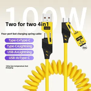 65W Fast Charging Spring Cable 4 in 1 Retractable Portable Data Cord for Car and Home Use