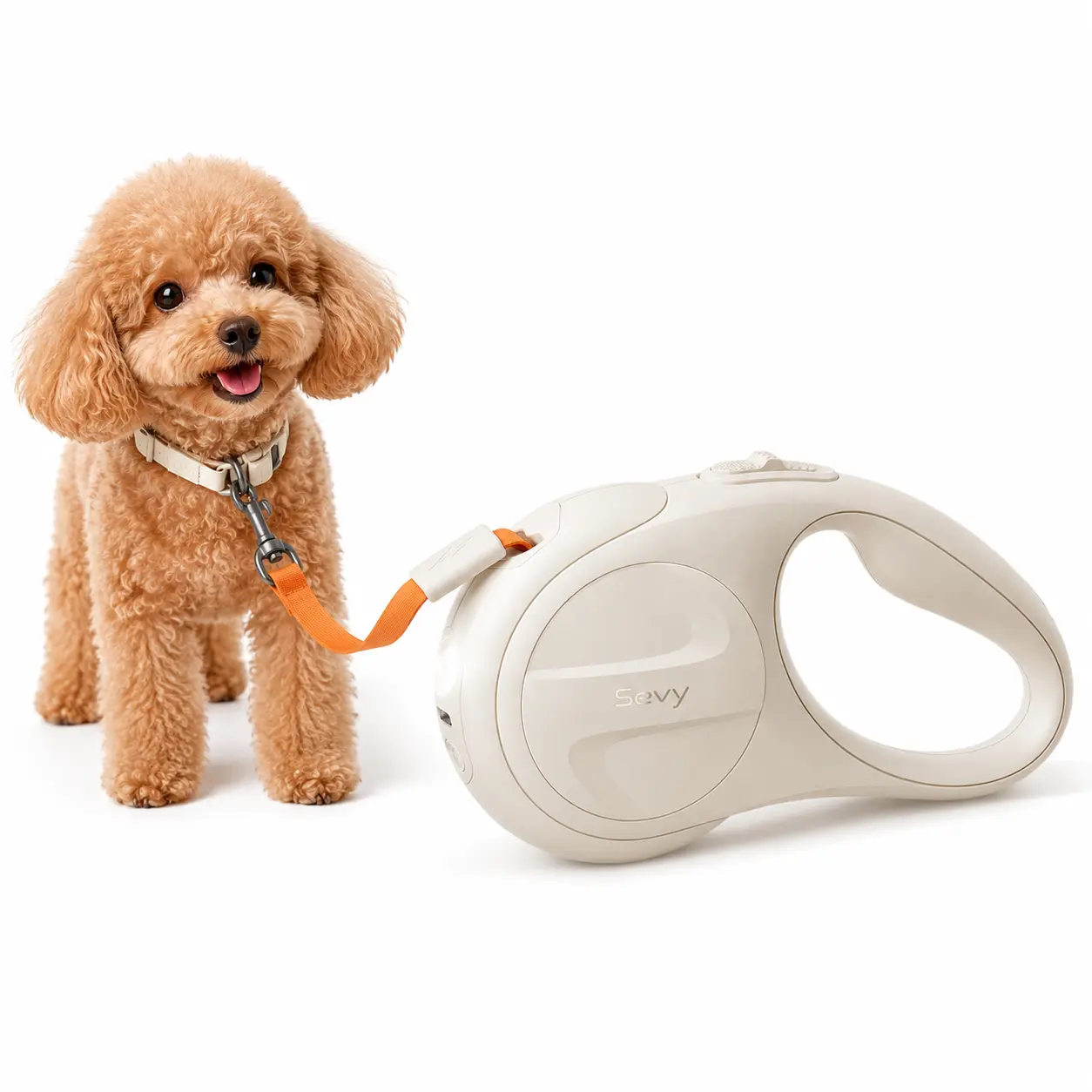 Sevy Glowie LED Light Retractable Dog Leash - 16FT Tangle-Free Nylon Tape Leash, 360° Rotation, 1-Hand Brake-Pause-Lock, Anti-Slip Handle, Jumping Harness Compatible, Adjustable Sensitivity Leather Collar for Small/Medium Dogs Up to 66 lbs smart