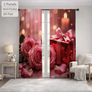 2Pcs Romantic Pink Rose Flower Gift Box Sun Blocking Curtains Digital Printed Rod Pocket, Window Treatment For Bedroom Office Kitchen Living Room Study Home Decor