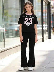 Girls' Short Sleeve Bell Pants Set, American Sports Style, Colorblock Number Print, High Waist Flare Pants, Casual School & Daily Wear