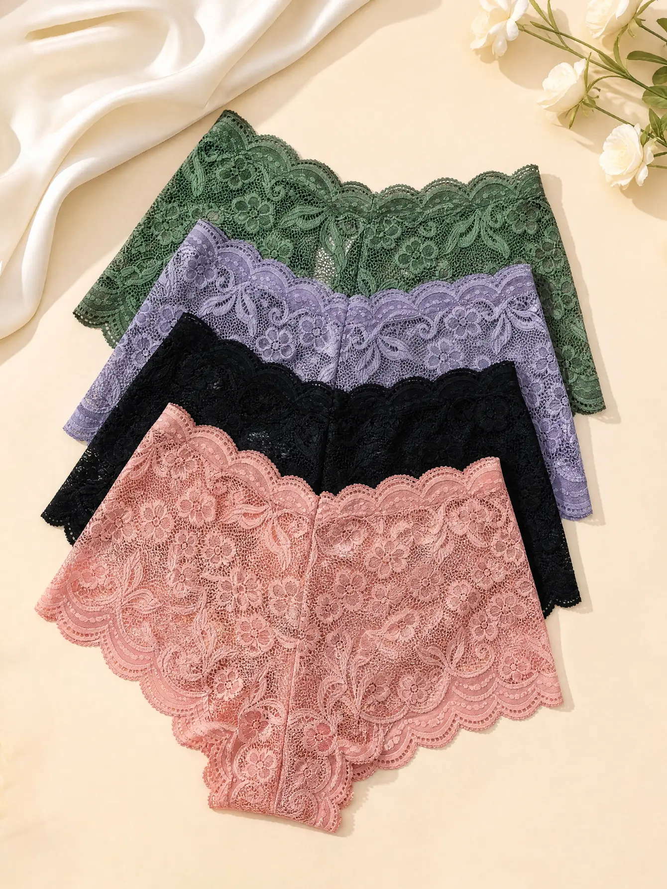 Women's Floral Full Lace Boyshort Panties - Mid-Rise Scallop Trim, Breathable Stretch Lace Womenswear Underwear Set for Daily Wear (Multi-Color)