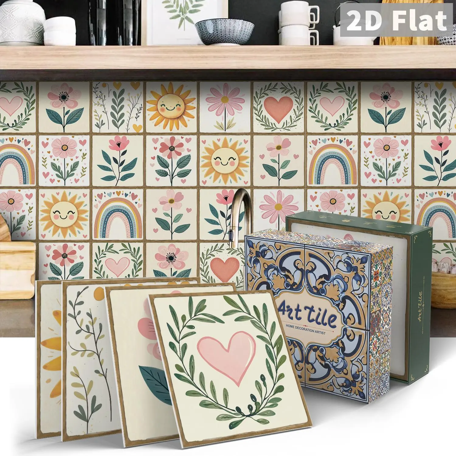 2-Pack 12/24pcs Flat Self-Stick Vinyl Art Stickers, Sunflower & Daisy Floral Design, Waterproof Oilproof Removable Tiles for Bathroom Kitchen Wall Stickers, Stickers Decor