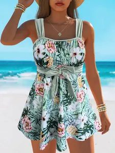 2026 Women Floral Tankini Swimsuits Two Piece Tummy Control Short Sleeve Quick Dry Beach Bathing Suit Women's Modest Swimdress with Skirt