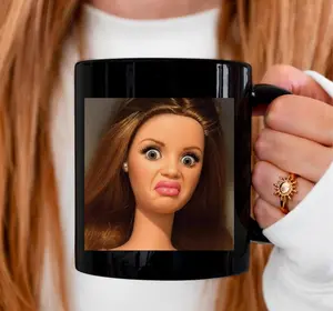 Funny Doll Face Black Mug, Disgusted Barbie Meme Coffee Cup, Sarcastic Reaction Gift, Weird Humor Tea Cup, Unhinged Meme Mug