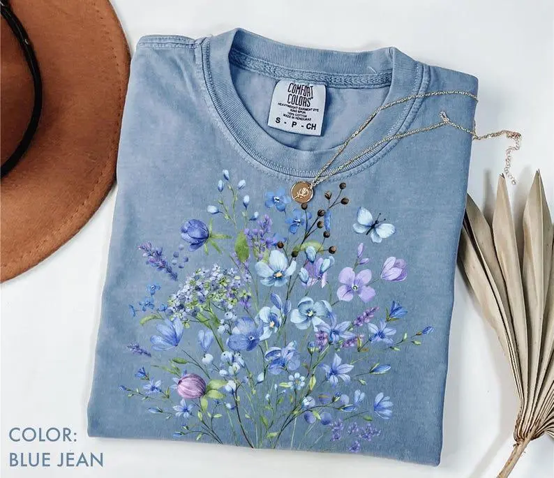 Comfort Colors Blue Flower Bouquet T-Shirt, Flower Lover TShirt, Retro Floral Tee, Flower T-Shirt, Gift for Nature Lover, Plant Ladies TShirt