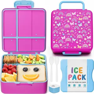 Chill Bento Box for  Adult, Leak Proof  Lunch Box with Ice Pack Keep  Cold,  4 Compartment Lunch Container with Utensils for Girl Boy School, Microwave Dishwasher Safe