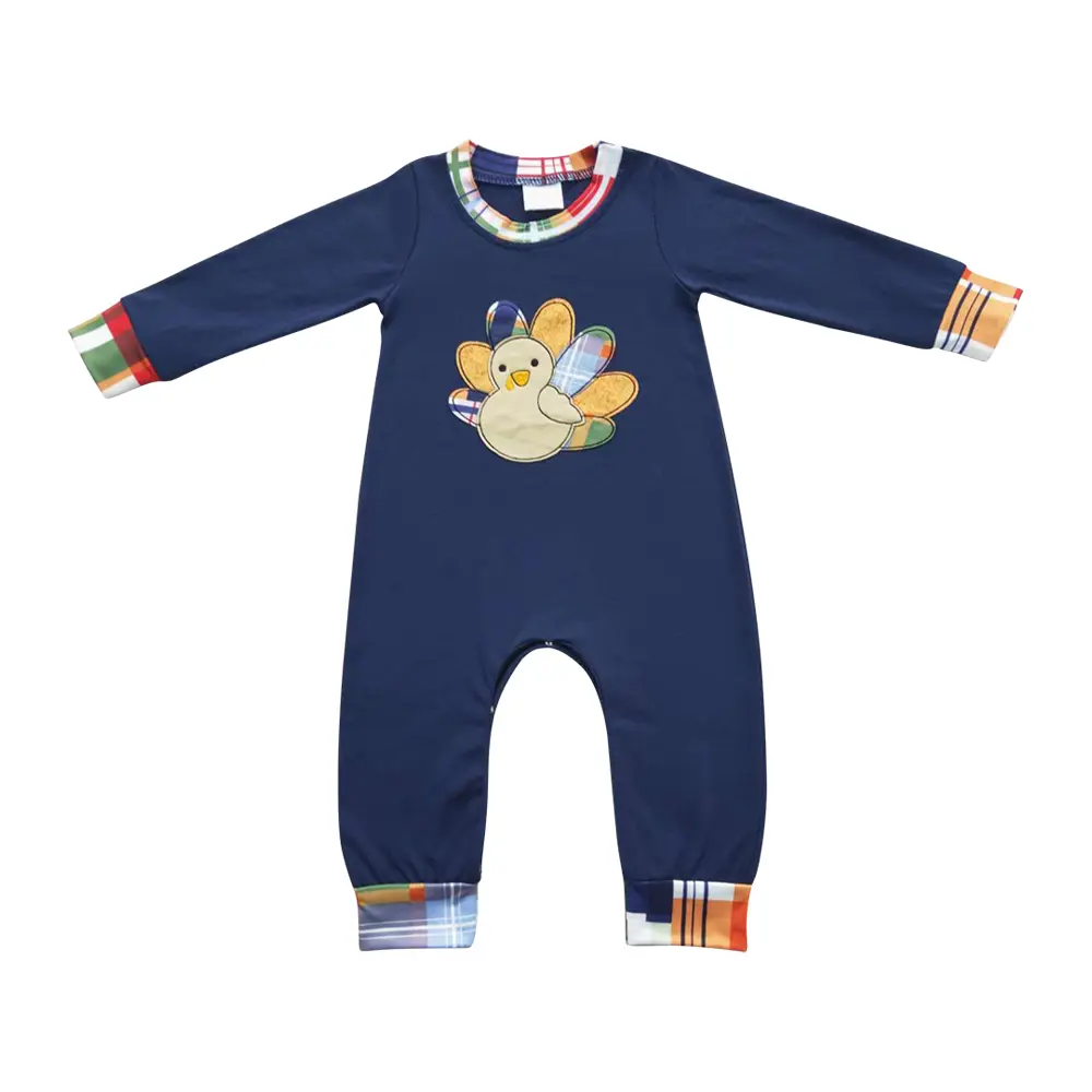 LR0367--Thanksgiving day Navy blue long-sleeved onesie with embroidered Turkey plaid pattern