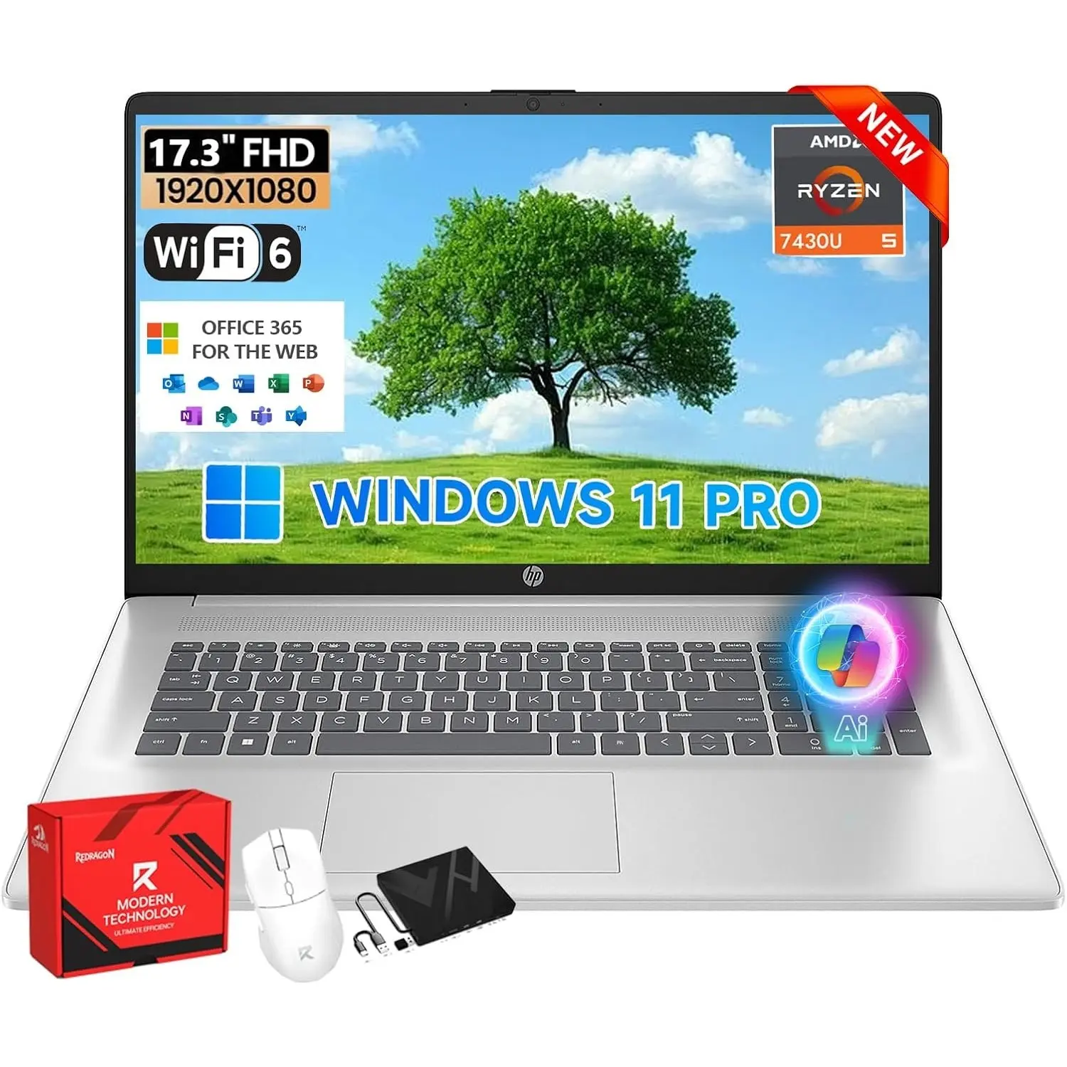 HP 17 inch Business Laptop Computer, 17.3" FHD Display, AMD Ryzen 5 7430U, Windows 11 Pro, Numeric Keypad, WiFi 6 (Up to 32GB RAM + Up to 1TB SSD)