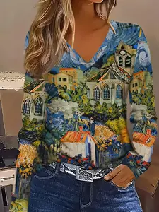 【Plus Size】V Neck Long Sleeve Top, Geometric Pattern Loose Fit Women's Fashion, Comfortable Casual Daily Wear, All Seasons Style