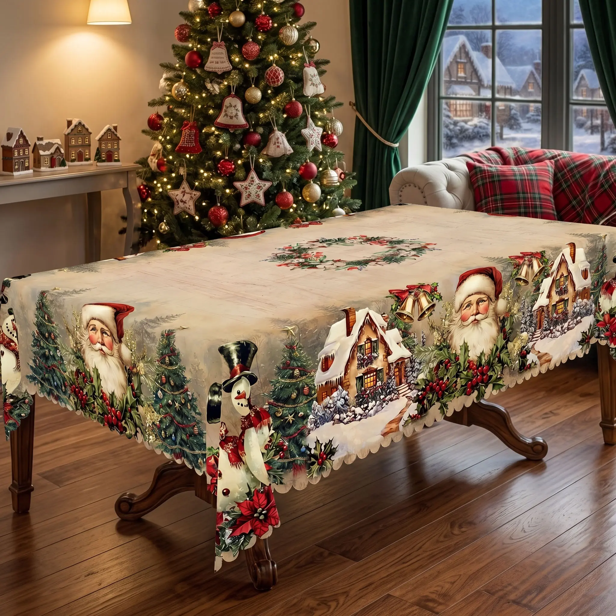 KOPOEELK Vintage Christmas Tablecloth with Santa Claus, Snowman, Christmas Tree, Snowy Cottage, Bells and Holly Berry Patterns, Christmas Party Decoration for Indoor & Outdoor, Rectangular Table Cloth, Holiday Kitchen Dining Table Festive Decor