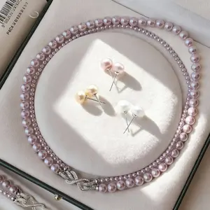 Lavender Rose Freshwater Pearl Necklace & Stud Earrings Set: Women's Double-Layer Layering Choker, A Luxurious and Niche Collarbone Chain with Advanced Style, Perfect as an Autumn/Winter Sweater Chain and a High-End Gift for Valentine's Day or Birthday.