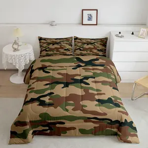 Army Camouflage Lightweight Luxury Bedding Set,Youth Camo Designer Comforter Set,Colorful Pattern Art Decor Comforter,Brown Green Quilt Set