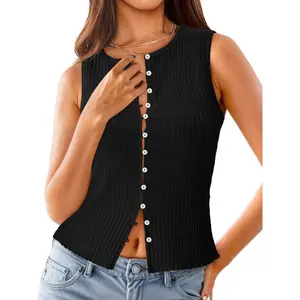 Aswulk Womens Summer Ribbed Tank Crop Top Cute Button Up Vest Y2K Sexy Outfits for Going Out