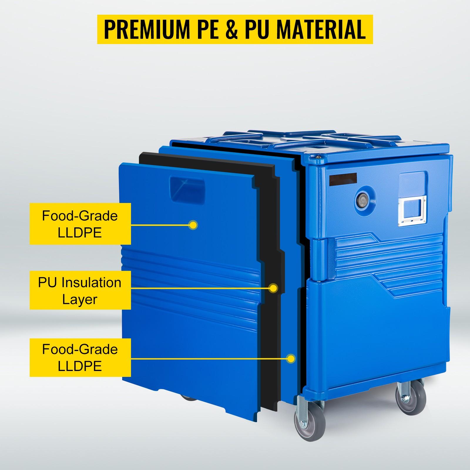 Insulated Food Pan Carrier 82 Qt Hot Box for Catering, LLDPE Food Box Carrier with One-Piece Buckle, Front-Loading Food Warmer with Handles, End Loader with Wheels for Restaurant, Canteen, Cafeteria, Buffet Service, Durable Blue