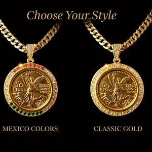 14K Gold Plated 50 Pesos 1.5" Pendant Centenario Upgraded Cuban Centenary  Fashion Chain Unisex Jewelry