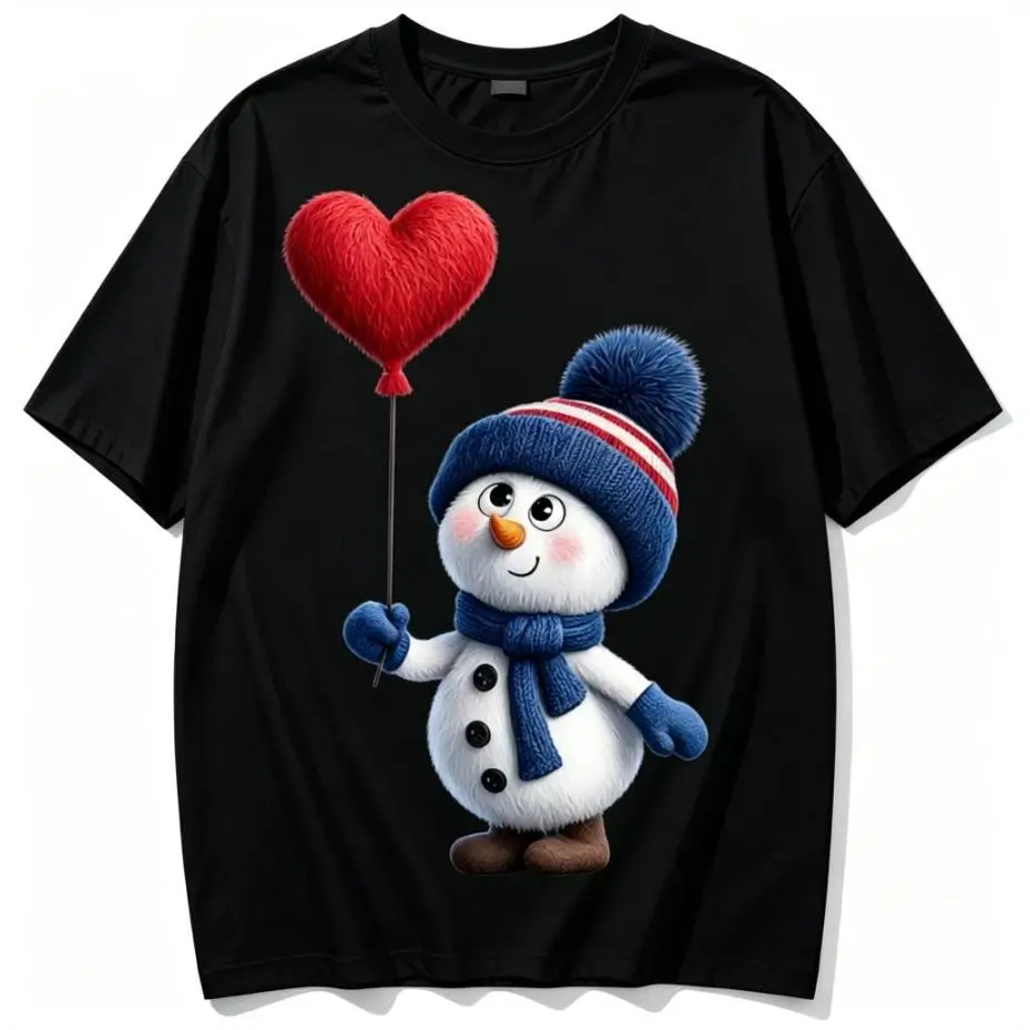 Women's Christmas T-Shirt, Casual Snowman with Heart Balloon Graphic Print, Short Sleeve Round Neck Cotton Blend Streetwear Top