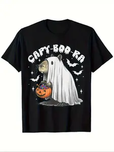 Men's Capybara Ghost Halloween T-Shirt, Cute Capy-Boo-Ra Pattern, Fun Animal Pumpkin Print, Fall Party Streetwear, Short Sleeve